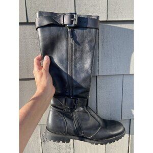 BURBERRY black leather biker moto tall lug sole boots biker designer 39.5